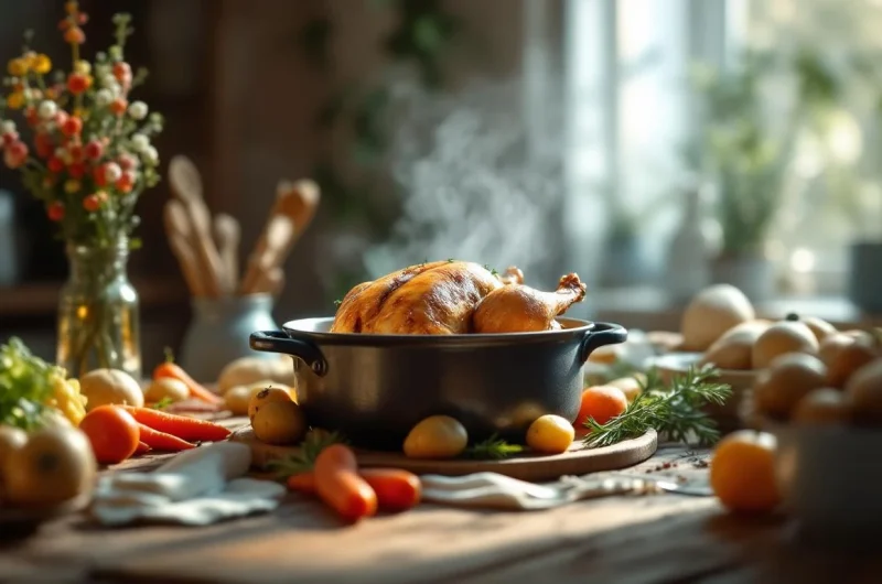 Poule au pot du dimanche sur une table accompagné de légumes